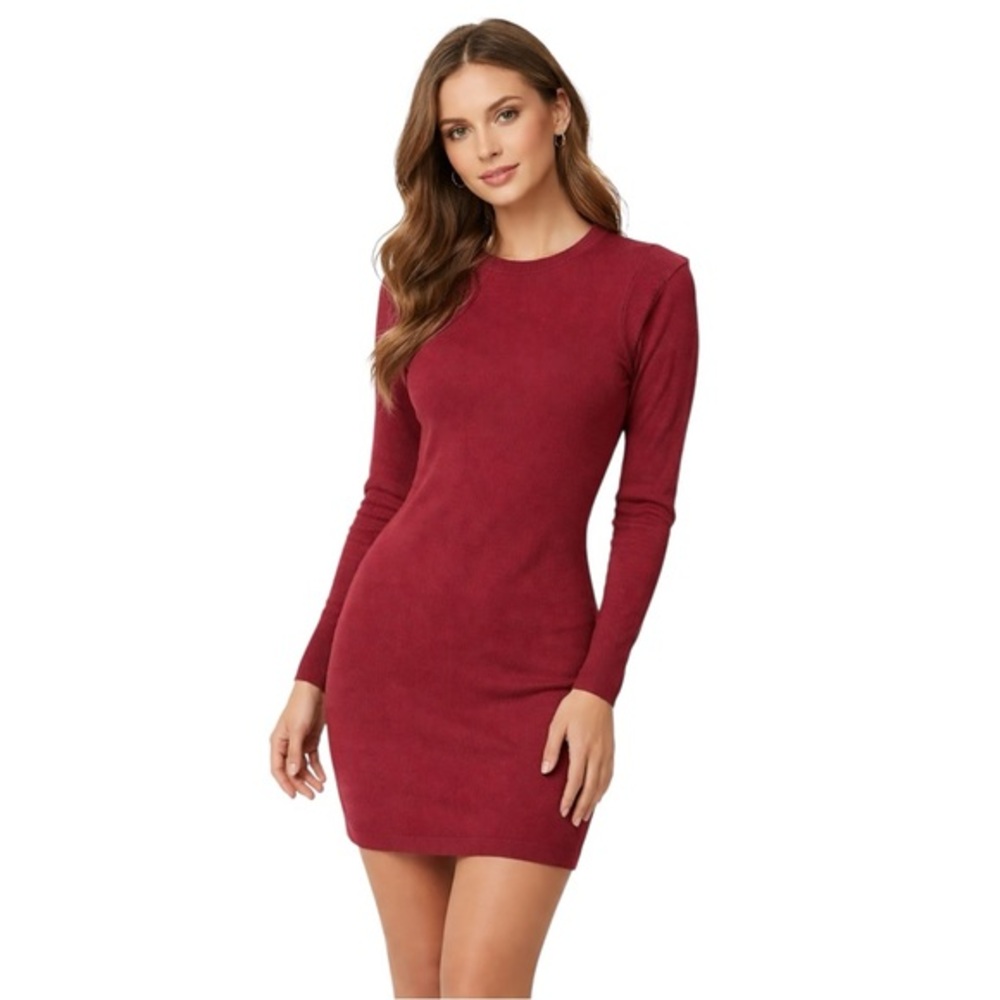 Monrow Ribbed Knit Trim Long Sleeve Knee Length Sweater Dress in Burnt Red
